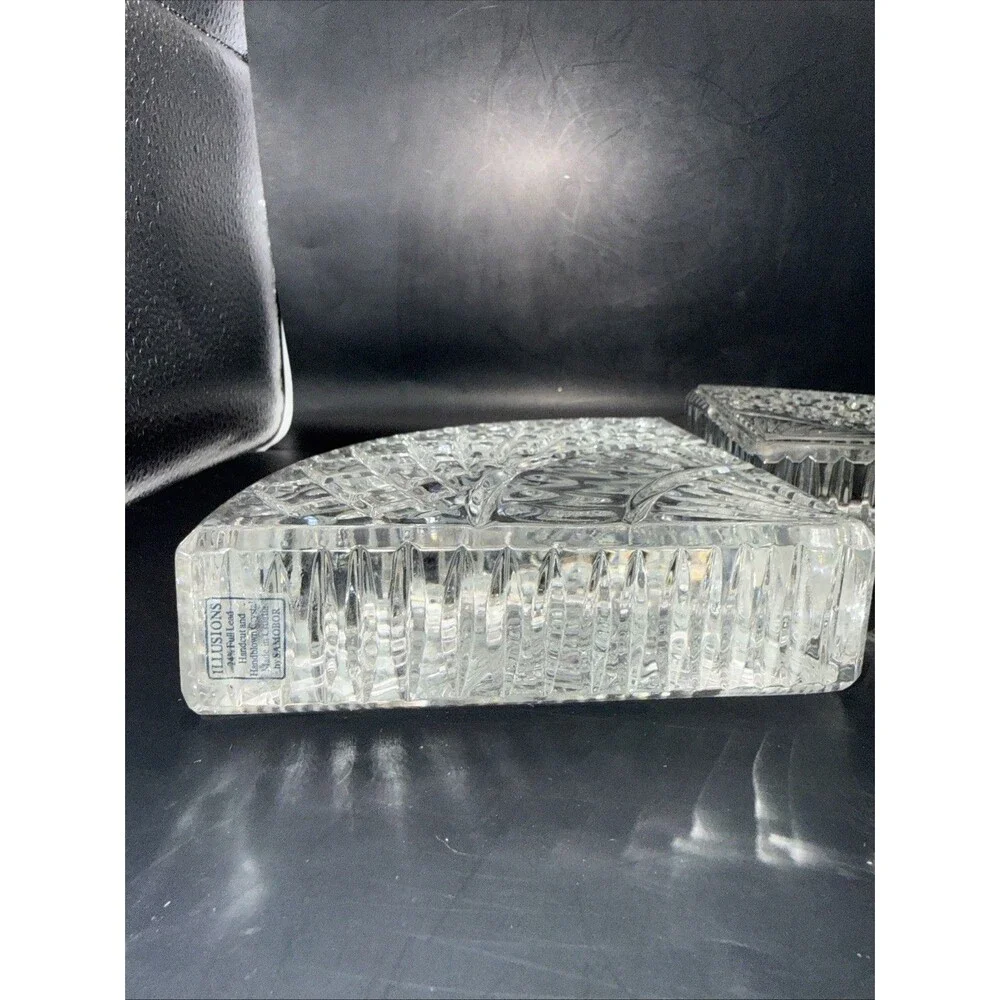 ILLUSIONS BY SAMOBOR 24% FULL LEAD HANDCUT HANDBLOWN FAN SHAPED CRYSTAL BOOKENDS - Picture 4 of 6